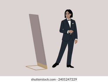 An elegant character stands in a fancy boutique, trying on a refined black tuxedo with a bow, while admiring themselves in a grand floor mirror