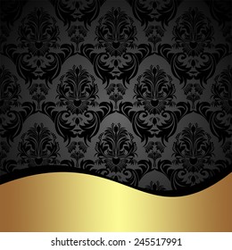 Elegant charcoal damask Background with golden border. 