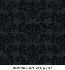 Elegant charcoal seamless pattern with ornate floral damask elements. A sophisticated and luxurious dark background for vintage-style fabric, wallpaper, and decor.