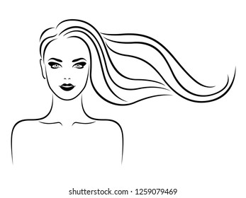 Elegant and charming lady with beautiful hair in flow and sensual face, hand drawing black vector on the white background