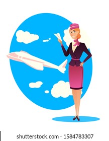 Elegant charming lady in stewardess uniform holding air plane in hands. Aviation staff employee. Airplane taking off in blue cloudy sky. Beautiful flight attendant. Vector flat cartoon illustration