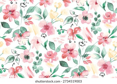 Un patrón elegante y encantador sin fisuras con flores de acuarela pintadas a mano en tonos suaves de rosa, coral y melocotón. Acentuado con delicadas hojas de color verde salvia y bocetos artísticos de arte lineal negro, esta ilustración botánica se encuentra sobre un fondo blanco limpio. Este diseño romántico es perfecto para textiles femeninos, ropa de moda de primavera, papelería de boda y decoración moderna para el hogar.