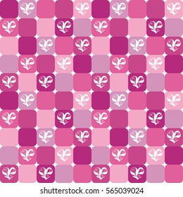 Elegant checked pattern with floral hearts over pink, magenta, and lilac tiles. Valentine's Day or wedding design background. Already in swatches.
