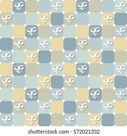 Elegant checked pattern with floral hearts over yellowish and grayish tiles. Valentine's Day or wedding design background. Already in swatches.