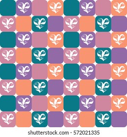 Elegant checked pattern with floral hearts over green, orange, violet, and pink tiles. Valentine's Day or wedding design background. Already in swatches.