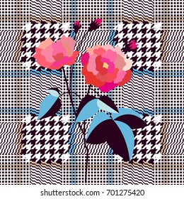 Elegant checkered English fabric print with embroidered rose. Seamless hounds tooth pattern. Textile design for school uniform, plaids, scarfs. Red flower on black and grey background.