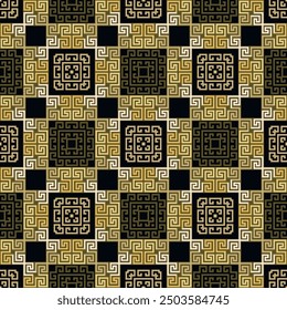 Elegant checkered grid ancient greece tribal ethnic style seamless pattern with squares, greek key meander. Modern ornamental vector background. Beautiful geometric ornaments. Endless ornate texture.