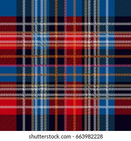 Elegant checkered pattern for college uniform. Simple geometric woolen print. Red, blue, white checkers and stripes on dark background. Retro textile design collection.