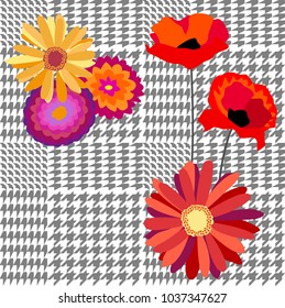 Elegant checkered  print with embroidered flowers. Seamless hounds tooth pattern with English motifs. Textile design for school uniform, plaids, scarfs. Red flowers on grey background.