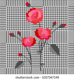 Elegant checkered  print with embroidered roses. Seamless hounds tooth pattern with English motifs. Textile design for school uniform, plaids, scarfs. Red flowers on classical grey background.