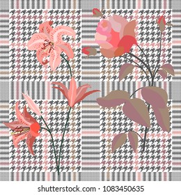 Elegant checkered print with embroidered roses and lilies. Seamless hounds tooth pattern with English motifs. Textile design for school uniform, plaids, scarfs. Red flower on grey background.
