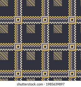 elegant checkered seamless pattern with striped shapes. wavy stripes, squares with round corners are lined up in a certain order on a dark background. vector
