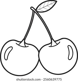 Elegant Cherries with Leaf Vector Illustration in Line Art