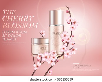 Elegant cherry blossom cosmetic ads, two exquisite containers with sakura branches and sunlight effect isolated on pink background in 3d illustration