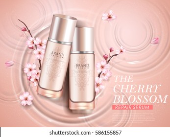 Elegant cherry blossom cosmetic ads, top view of two exquisite bottles with sakura branches isolated on ripples background in 3d illustration