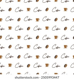 Elegant Chic Coffee Mug Time Seamless Pattern. Ideal for product packaging, kitchen decor, fabric prints, and more, this pattern adds a touch of warmth and sophistication to any project.
