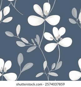 Elegant Chic Fashionable Midnight Navy Blue Aqua French Grey White Abstract Wild Flower Leaf Watercolor Scandinavian Design Seamless Pattern Pastel Fabric Background Vector