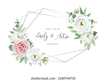 Elegant chic wedding invite, save the date card. Vector floral watercolor illustration. Dusty pink rose flower, ivory white lisanthus, green eucalyptus leaves editable bouquet, wreath, geometric frame