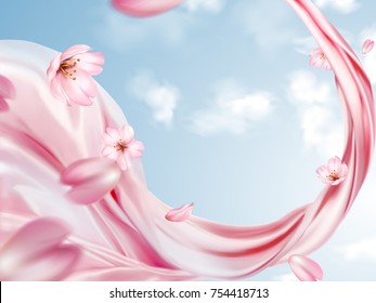 Elegant chiffon background, pink fabric and cherry blossom flying in the blue sky in 3d illustration