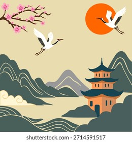 Elegante Vector paisajístico chino con una pagoda tradicional, montañas brumosas y gráciles pájaros grulla. Inspirado en el arte oriental, adecuado para viajes, cultura, naturaleza y diseños con temática asiática.