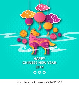 Elegant Chinese New Year 2018 Year Of Dog Paper Art Banner and Card Design Template, Suitable For Social Media, Banner, Flyer, Card, Party Invitation and Other Chinese New Year Related Occasion