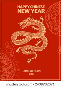 elegant chinese new year 2024, zodiac sign year of the dragon with red background pattern