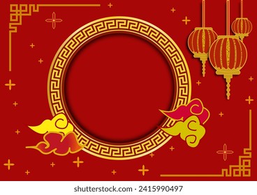 Elegant Chinese New Year 2024 background with red background and gold hoop decorations, lanterns, ornaments and flowers