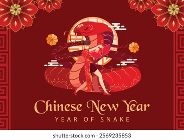 "Elegant Chinese New Year 2025 greeting card featuring a red and gold theme with a snake symbolizing the Year of the Snake, a traditional dancer, and floral decorative elements."