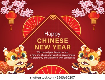 Elegant Chinese New Year greeting card featuring traditional red and gold colors, cherry blossoms, lanterns, and a festive lion dance illustration with a heartfelt New Year message.