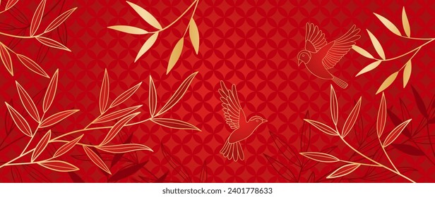 Elegant Chinese oriental pattern background vector. Elegant swallow bird and bamboo leaves branch golden line art on red background. Design illustration for happy new year, wallpaper, banner, card.