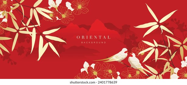 Elegante vector de fondo de patrón oriental chino. Elegante ave golondrina, flor de cerezo y arte de la línea dorada de bambú sobre fondo rojo. Ilustración de diseño para feliz año nuevo, fondo de pantalla, cartel, tarjeta.