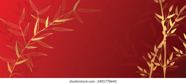 Eleganter chinesischer orientalischer Musterhintergrund, Vektorgrafik. Eleganter Bambus hinterlässt zweige goldene Linienkunst auf rotem Hintergrund. Design-Illustration für glückliches neues Jahr, Tapete, Banner, Karte.