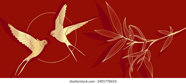 Elegante vector de fondo de patrón oriental chino. Elegante ave golondrina y hojas de bambú ramifican líneas doradas en el fondo rojo. Ilustración de diseño para feliz año nuevo, fondo de pantalla, cartel, tarjeta.