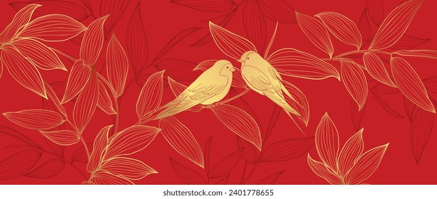 Elegante vector de fondo de patrón oriental chino. Elegante ave golondrina y hojas de bambú ramifican líneas doradas en el fondo rojo. Ilustración de diseño para feliz año nuevo, fondo de pantalla, cartel, tarjeta.