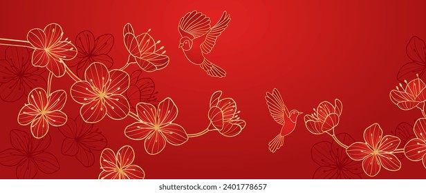 Elegante vector de fondo de patrón oriental chino. Elegante pájaro goloso y flor de cerezo flor de línea dorada sobre fondo rojo. Ilustración de diseño para feliz año nuevo, fondo de pantalla, cartel, tarjeta.