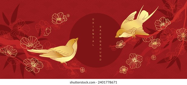 Eleganter chinesischer orientalischer Musterhintergrund, Vektorgrafik. Eleganter Schwalbenvogel, Kirschblüte und Bambus-Goldene Linienkunst auf rotem Hintergrund. Design-Illustration für glückliches neues Jahr, Tapete, Banner, Karte.