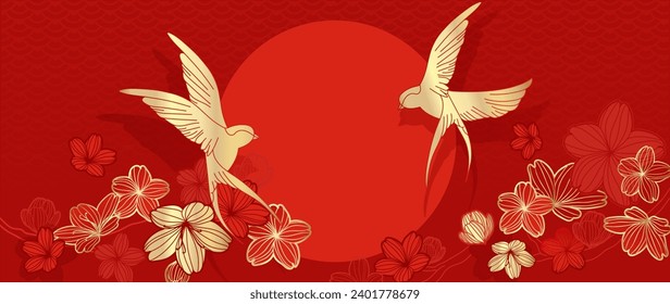 Elegant Chinese oriental pattern background vector. Elegant swallow bird and cherry blossom flower golden line art on red background. Design illustration for happy new year, wallpaper, banner, card.