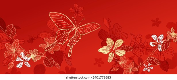 Elegant Chinese oriental pattern background vector. Elegant butterfly and cherry blossom flower golden line art on red background. Design illustration for happy new year, wallpaper, banner, card.