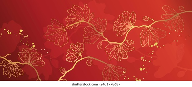 Elegant Chinese oriental pattern background vector. Elegant cherry blossom flower golden line art on red background. Design illustration for happy new year, wallpaper, banner, card.