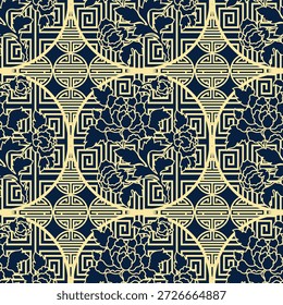 Elegante patrón chino sin fisuras con peonías de oro en marcos circulares sobre un fondo de meandro geométrico azul marino. Ilustración vectorial oriental tradicional.