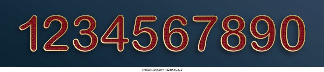 Elegant Chinese style gold numbers. 1, 2, 3, 4, 5, 6, 7, 8, 9, 10, logo, gold and red color with Asian element on color background