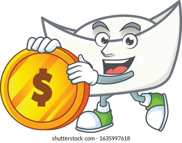 an elegant chinese white ingot mascot cartoon design with gold coin