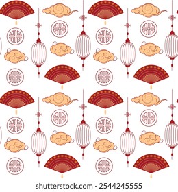 Elegant Chinese-style seamless pattern featuring fans, round motifs, and clouds on a white backdrop