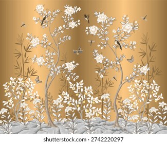 Elegant chinoiserie vector mural featuring blooming trees with delicate white flowers, graceful birds, butterflies and dragonflies in flight. The composition is inspired by traditional Asian art and hand-painted wallpapers, with refined botanical details and a warm golden gradient background. Ideal for luxury wall murals, wallpaper design, interior decor, textiles, packaging, surface design, and premium branding projects with an oriental and timeless aesthetic.
