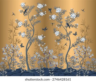 Elegant chinoiserie vector mural featuring blooming trees with delicate white flowers, graceful birds, butterflies and dragonflies in flight. The composition is inspired by traditional Asian art and hand-painted wallpapers, with refined botanical details and a warm golden gradient background. Ideal for luxury wall murals, wallpaper design, interior decor, textiles, packaging, surface design, and premium branding projects with an oriental and timeless aesthetic.