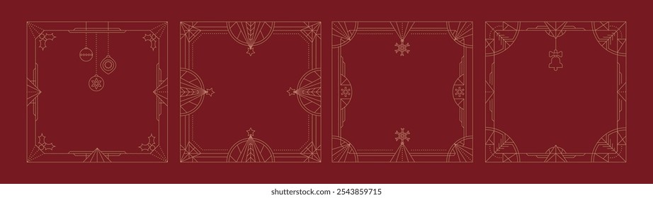 Conjunto de diseño de marcos art deco de Navidades elegantes. Árbol de Navidad de lujo, bola de chuchería, arte de línea dorada festiva Ilustración vectorial de diseño para portada, póster, Anuncio.