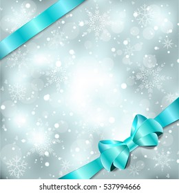 Elegant Christmas background with blue bow, ribbon and snowflakes. Vector illustration