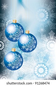 Elegant Christmas background with blue decoration balls and snowflakes, vector, eps10