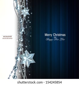 Elegant christmas background with blue garland and stars. Vector illustration