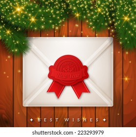 Elegant Christmas Background with envelope and spruce branches. Wood Texture Backdrop. Vector illustration.